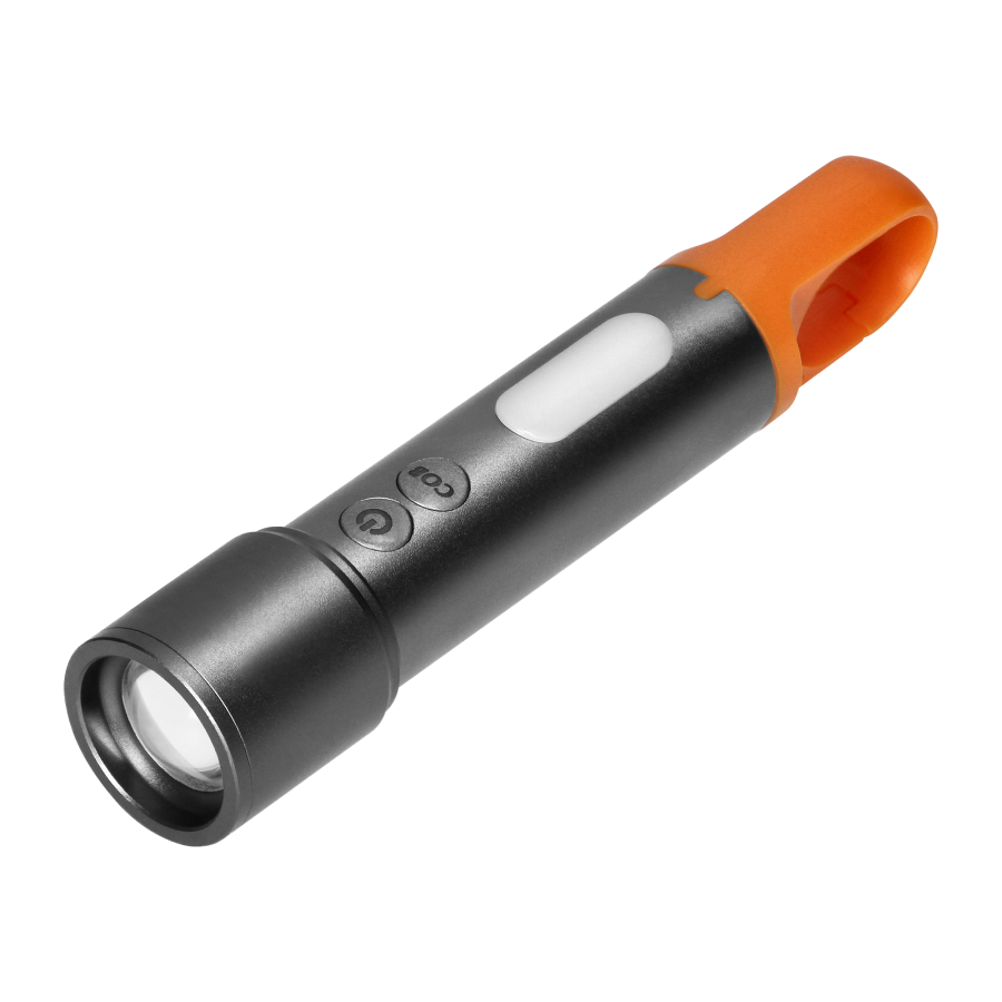 LED SMD flashlight 10W + COB 2W, 350lm, 1200mAh, zoom function, color caps